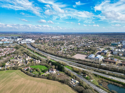 Aerial View of Central Hatfield City of England, Great Britain. March 9th, 2024