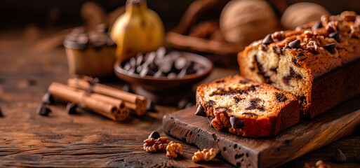 close up of homemade delicious banana bread loaf walnut dried fruit chocolate chip bakery cafe breakfast food in cozy rustic minimalist studio magazine editorial look for recipe baking baker