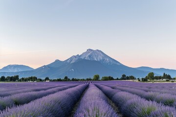Lavender field with mountains and sky in the background