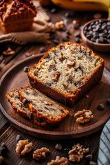 close up of homemade delicious banana bread loaf walnut dried fruit chocolate chip bakery cafe breakfast food in cozy rustic minimalist studio magazine editorial look for recipe baking baker