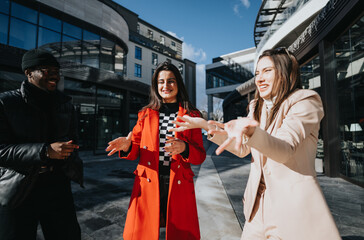 Fototapeta premium Three young adults share a joyful moment on a sunny day in the city, laughing and conversing in trendy winter attire.
