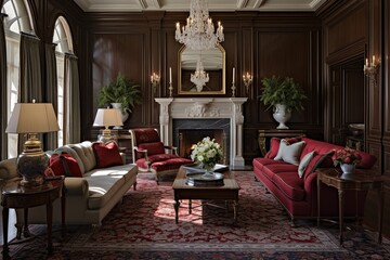 Stately Elegance: Luxurious Federal Style Living Room Decor in Formal Ambiance with Rich Materials