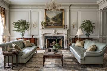Classic Elegance Epitomized: Stately Federal Style Living Room Decors - obrazy, fototapety, plakaty