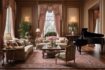 Fototapeta na wymiar Grandeur Exemplified: Stately Federal Style Living Room Decors with Luxurious Drapes, Grand Furnishings, and Elegant Decor