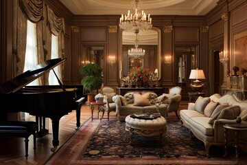 Luxurious Drapes and Grand Furnishings: A Stately Federal Style Living Room Decors Endeavor - obrazy, fototapety, plakaty