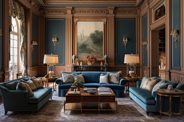 Stately Federal Style Living Room Decors: Regal Upholstery, Tailored Colors, Architectural Excellence - obrazy, fototapety, plakaty