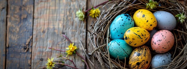 A beautiful nest made of twigs filled with vibrant Easter eggs sits on a wooden table surrounded by...