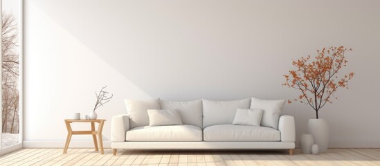 This image showcases a contemporary living room with a white couch, a stylish table, and minimalistic decor. The room features a Scandinavian design with wooden flooring and a large wall adorned with