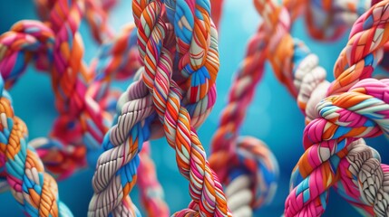 Closeup of a colorful pattern of terrestrial plantbased ropes in electric blue and magenta hues on a royal blue background. An artistic display of wool fashion accessories at an event
