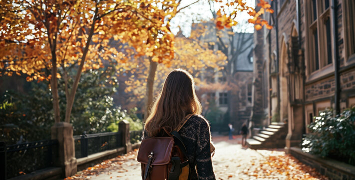 photo from the back of a woman college university-student standing at an old Ivy League boarding school fantasy campus in preppy clothes magazine film look in autumn