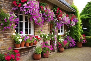Fototapeta na wymiar Hanging Baskets Overflows: Vibrant Floral Oasis on a Traditional English Garden Patio