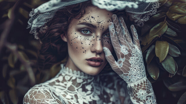 A woman with freckles wearing a lace glove and hat poses amidst foliage exuding a vintage mysterious aura