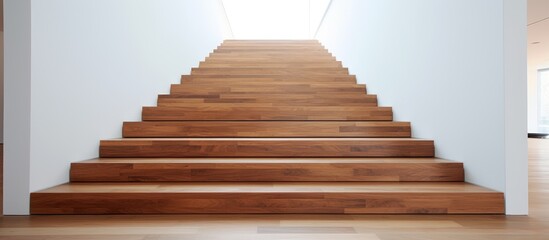 A set of laminate wooden stairs stands in a modern white room, providing a functional and stylish access point to different levels of the house.