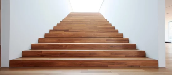 Foto op Canvas A set of laminate wooden stairs stands in a modern white room, providing a functional and stylish access point to different levels of the house. © TheWaterMeloonProjec
