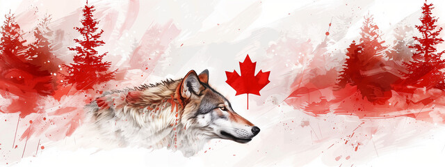 artistic rendering of a wolf with a backdrop of the Canadian flag.