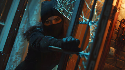 A young female burglar in a black outfit and mask, breaking into a house, the broken window, She breaking into a house, using a crowbar to pry open a window.