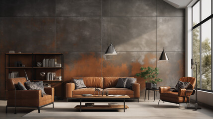 Elegant Leather Furniture in Modern Rustic Living Room Interior