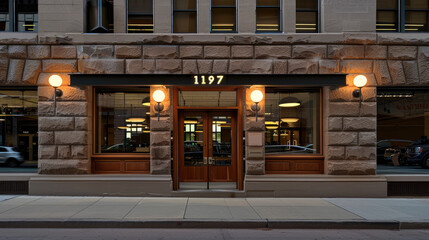 A modern storefront at dusk with illuminated sconces large windows and a visible street number 1197