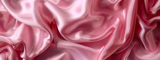 A close up of a liquid pink satin fabric with waves creating a beautiful pattern reminiscent of a...