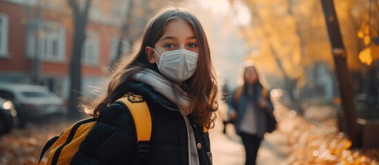 A young woman, dressed in an autumn jacket and wearing a medical mask, walks down a city street. Despite fatigue from wearing a mask constantly, she continues practicing safety measures while out for - obrazy, fototapety, plakaty