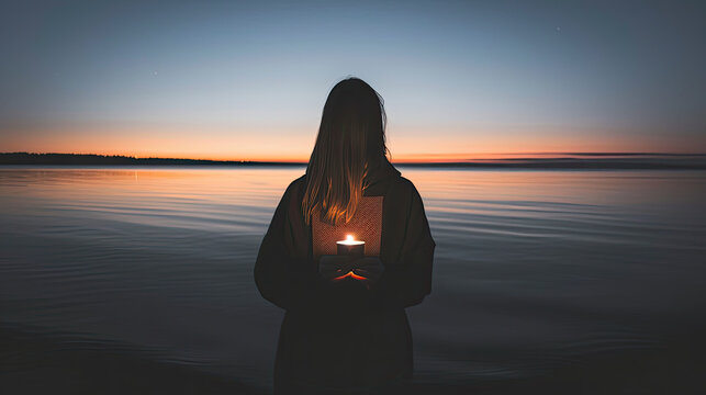 Silhouetted person holding a lit candle by tranquil lake during twilight with serene sky gradient
