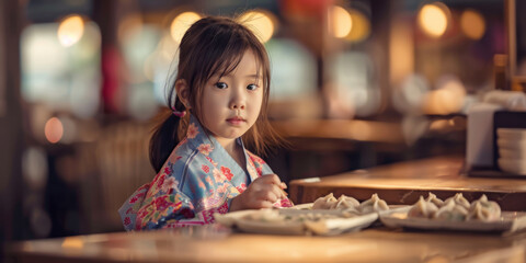 a cute little girl in a kimono is sitting at a table, generative AI