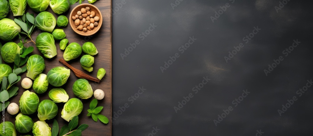 Poster Brussels sprouts and nuts arranged on a wooden cutting board, set against a black background, showcasing natural foods as key ingredients in a delicious recipe