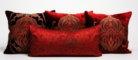 A collection of four red and black pillows, perfect for adding a pop of color and style to any living room or bedroom.