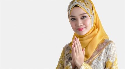Beautiful indonesian muslim woman greetings gesture typical of ramadan and celebrating eid al-fitr - generative ai