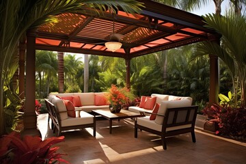 Fototapeta premium Tropical Oasis: Stunning Palm Tree Patio Designs for Natural Shade