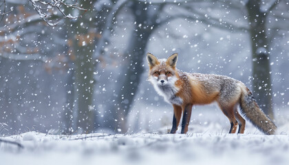 A red fox stands alert in the falling snow, surrounded by a wintry forest
