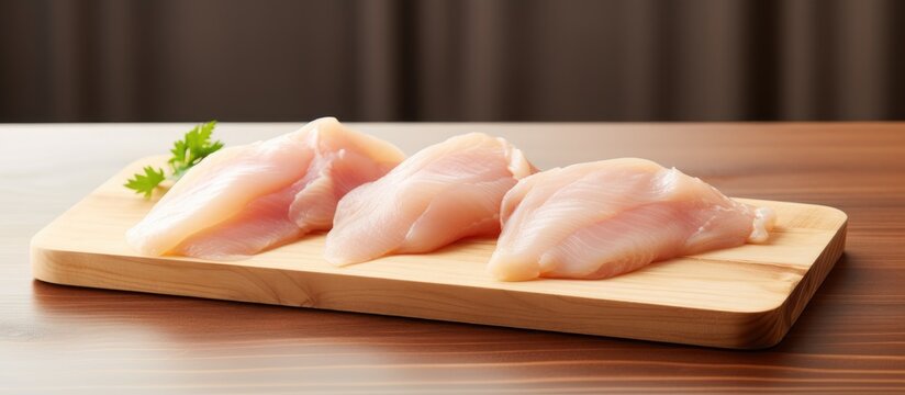Three small raw chicken pieces are placed on a wooden cutting board, ready to be prepared for cooking. The chicken pieces are uncooked and exhibit a pale color, contrasting with the dark wood of the - Powered by Adobe