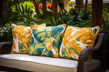 Tropical Resort-Style Patio Designs: Vibrant Tropical Print Pillows and Fabulous Patterned Accents