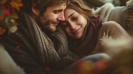 A young couple cuddling and hugging on the couch at home in winter