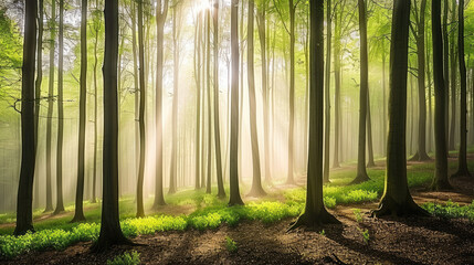Serene forest scene with sun rays piercing through tall trees and illuminating the misty verdant undergrowth below