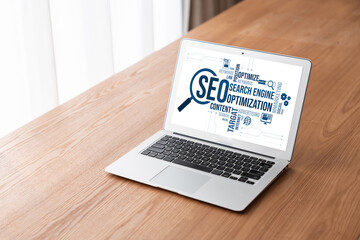 SEO search engine optimization for modish e-commerce and online retail business showing on computer...