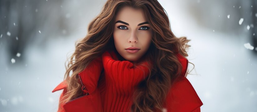 A young, beautiful brunette woman wearing a stylish red coat is standing in a snow-covered park. The winter scene shows her confidently posing amidst the white landscape.