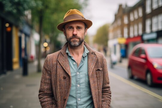 Portrait of a handsome mature man with a beard wearing a brown jacket and hat standing on a city street.