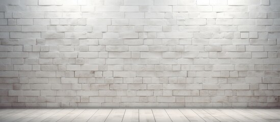 Fototapeta premium An empty room with a white brick wall and a light-colored floor. The minimalistic setting is emphasized by the stark contrast between the textured wall and the smooth floor.