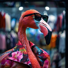 A flamboyant flamingo in vivid attire and sunglasses shopping at a mall, blending the surreal with the everyday - obrazy, fototapety, plakaty