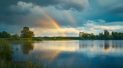 In the aftermath of a passing storm, a rainbow emerges in the clearing sky, its radiant colors reflected in the shimmering waters of a tranquil lake