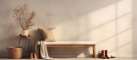 A soft white bench is positioned next to a light-colored wall. A bag hangs from a tree branch in a vase, with a pouf and shoes nearby.