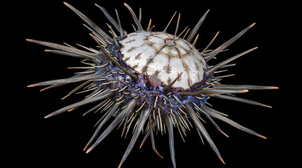 A marine sea urchin with long spines against a black background showing detailed texture and colors on its surface