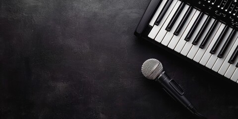 A classic black microphone elegantly rests on top of a sleek, polished piano, ready to capture the...