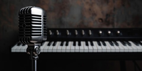 A classic black microphone elegantly rests on top of a sleek, polished piano, ready to capture the...