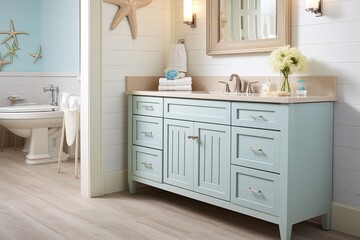 Coastal Elegance: Underwater Oasis Bathroom with Light Blue Vanity and Starfish Wall Decor