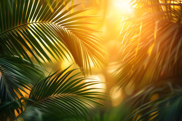 Obraz premium Vibrant sunny backdrop palm leaves with golden sun light. Neural network generated in January 2024. Not based on any actual scene or pattern.