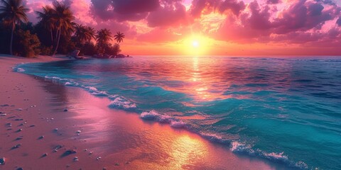 Witness a breathtaking sunset casting vibrant hues over a serene tropical beach, framed by swaying palm trees. - obrazy, fototapety, plakaty
