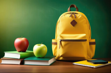 On a table on an isolated green background there are school supplies, a school yellow backpack, books and notebooks in a stack, an alarm clock next to it, apples lying on the table. Back to school