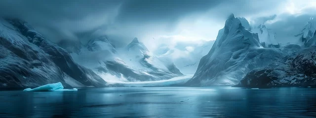 Fotobehang A massive iceberg sits peacefully in the serene lake, encircled by majestic mountains under the expansive sky. A breathtaking natural landscape enhanced by the glistening ice cap © RichWolf